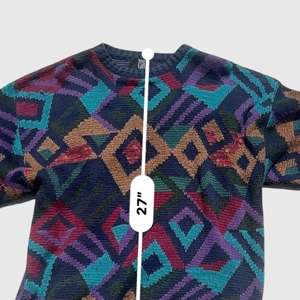TSR Vintage 90s Abstract Geometric Crewneck Sweater Navy Multicolor USA Made M - Picture 8 of 10